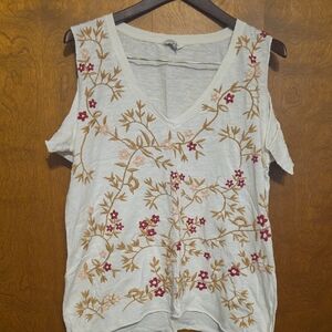 Lucky Brand Cream V-Neck Cold-Shoulder Top with Red and Tan Floral Embroidery